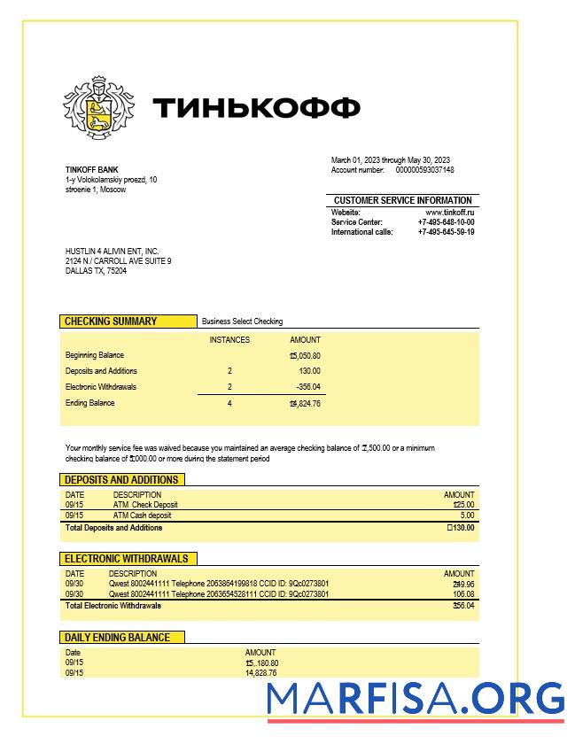 Downloadable Tinkoff Bank firm statement Word and PDF template